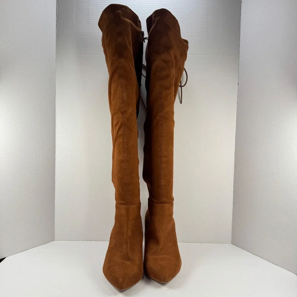 Torrid Women 9WW Cognac Brown Faux Suede Over The Knee Lace Up Wide Calf Boots